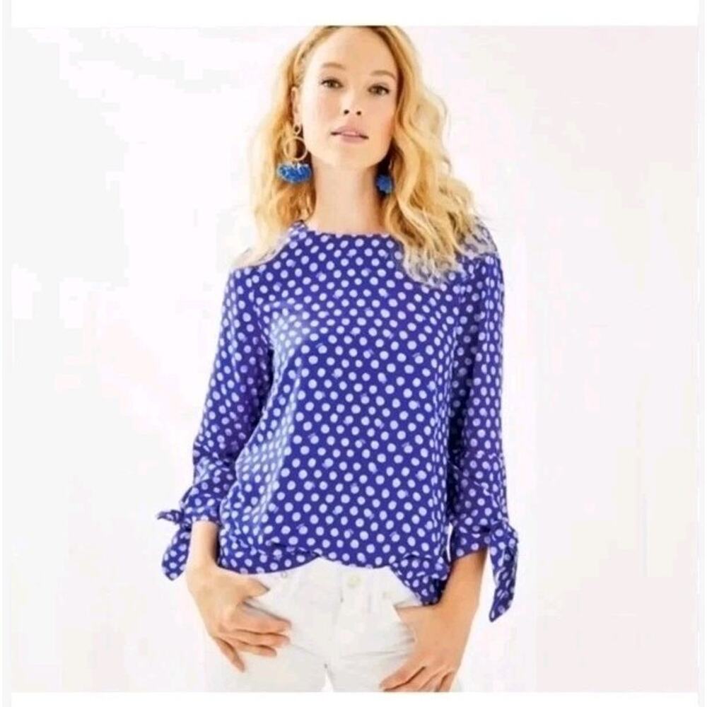 New Lilly Pulitzer Womens Navy Blue Polka Dot Langston Blouse Top XS